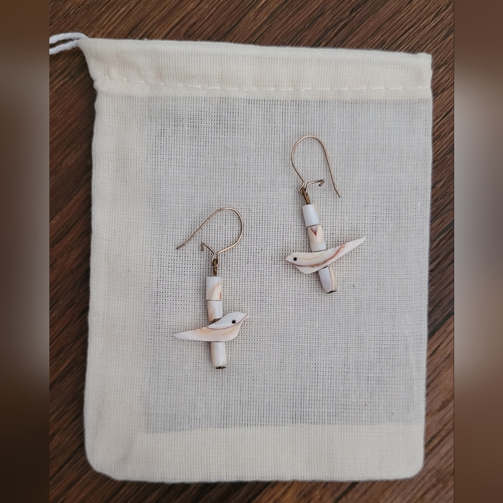 Dove of Peace 🕊 Stone and Brassy Earrings, Cream Colored.
